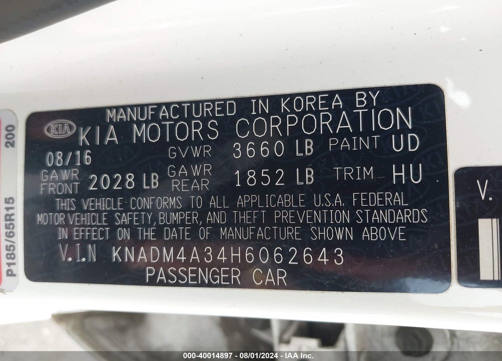 2017 KIA RIO LX VIN: KNADM4A34H6062643