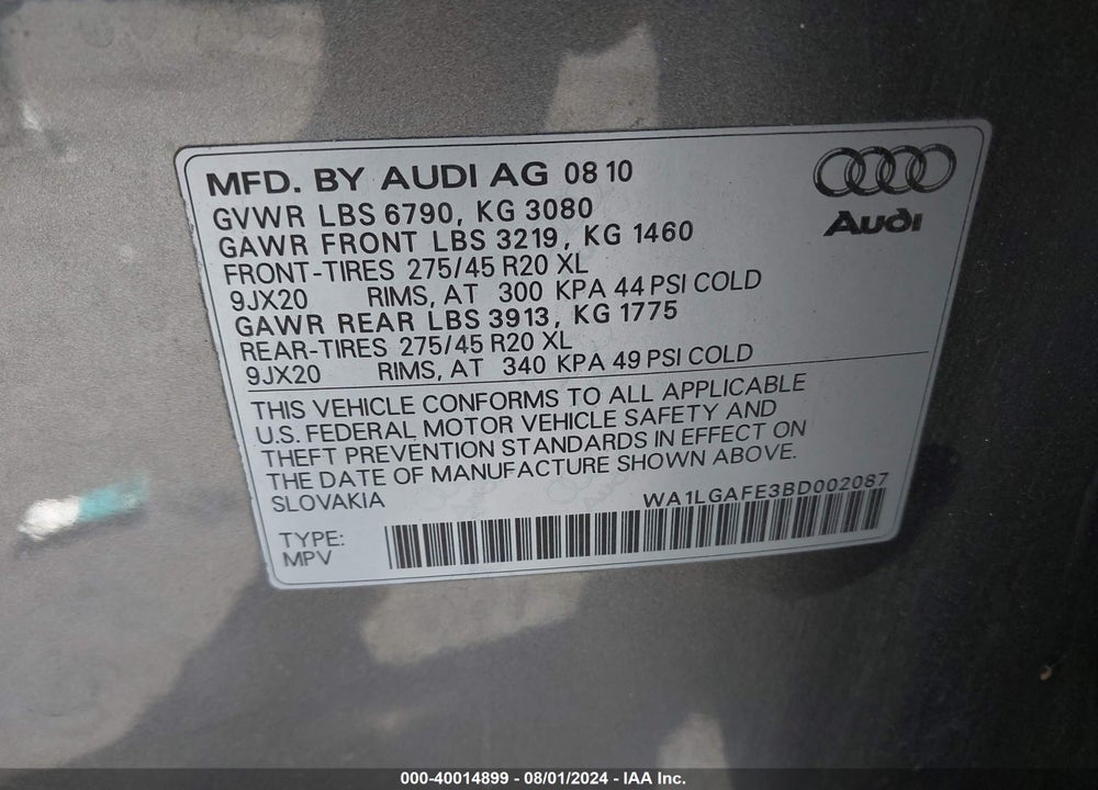 2011 AUDI Q7 3.0T PREMIUM VIN: WA1LGAFE3BD002087