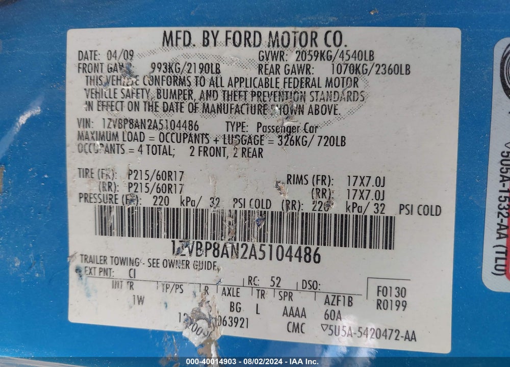 2010 FORD MUSTANG V6/V6 PREMIUM VIN: 1ZVBP8AN2A5104486