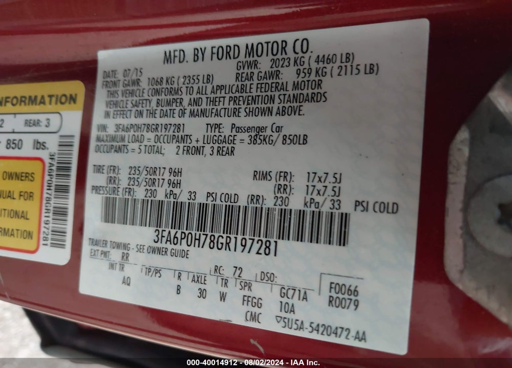 2016 FORD FUSION SE VIN: 3FA6P0H78GR197281