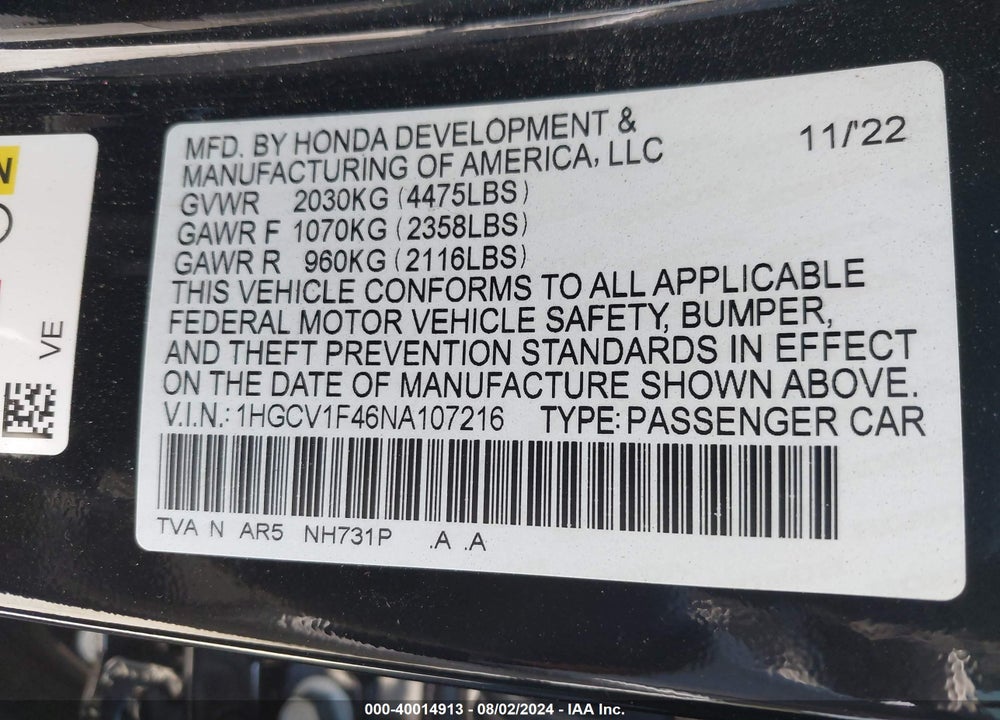 2022 HONDA ACCORD SPORT SPECIAL EDITION VIN: 1HGCV1F46NA107216