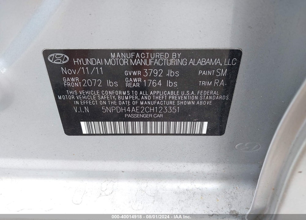 2012 HYUNDAI ELANTRA GLS PZEV VIN: 5NPDH4AE2CH123351