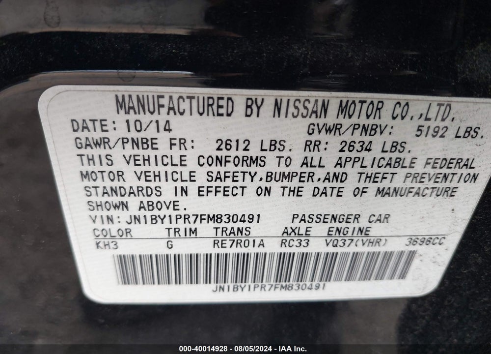 2015 INFINITI Q70L 3.7X VIN: JN1BY1PR7FM830491