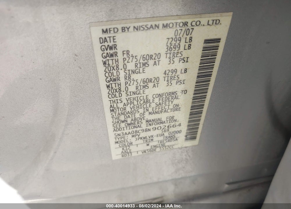 2008 INFINITI QX56 VIN: 5N3AA08C98N902664