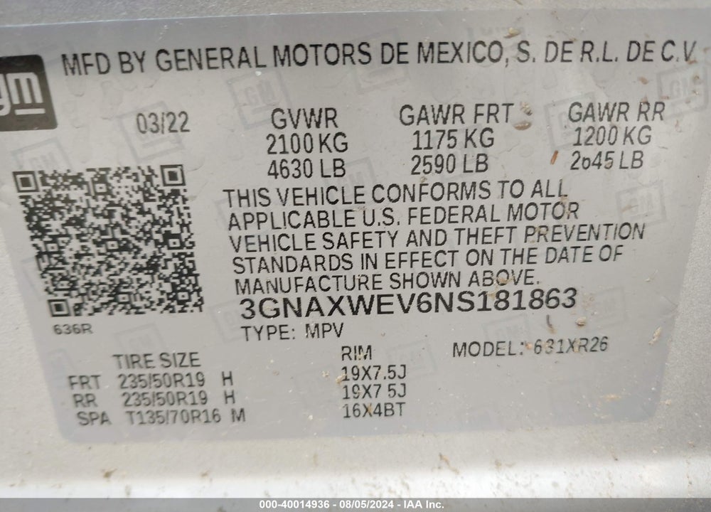 2022 CHEVROLET EQUINOX AWD RS VIN: 3GNAXWEV6NS181863