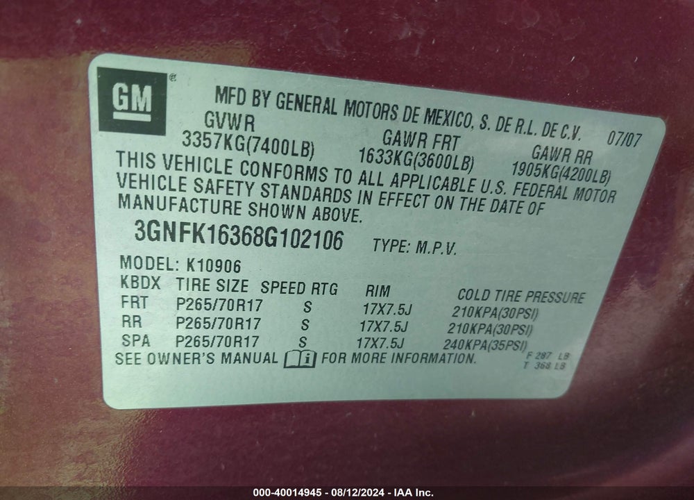 2008 CHEVROLET SUBURBAN 1500 LT VIN: 3GNFK16368G102106