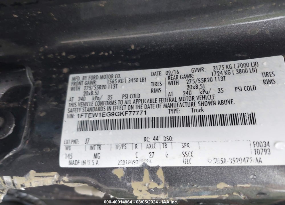 2016 FORD F150 VIN: 1FTEW1EG9GKF77771