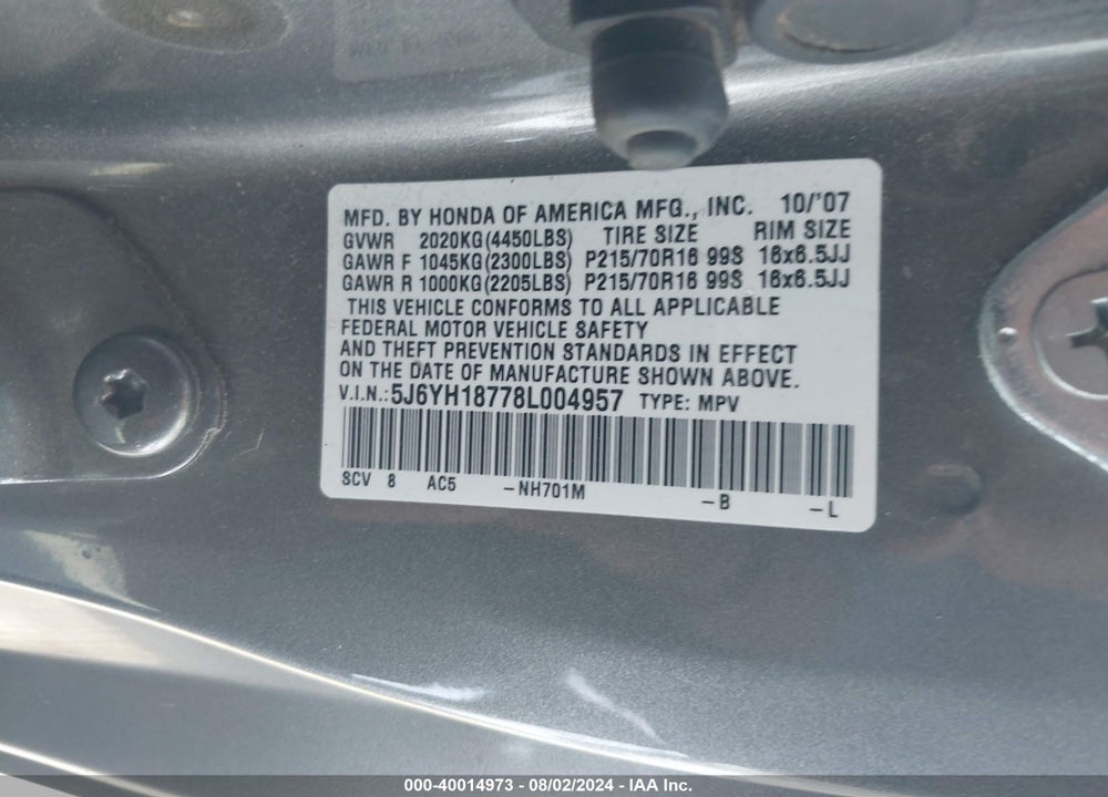 2008 HONDA ELEMENT EX VIN: 5J6YH18778L004957