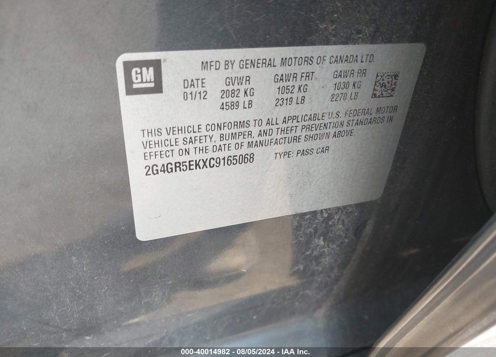 2012 BUICK REGAL VIN: 2G4GR5EKXC9165068