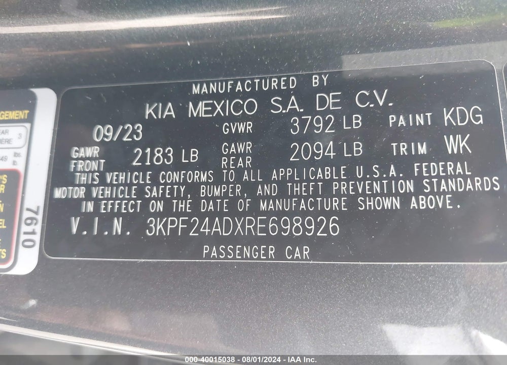2024 KIA FORTE LXS VIN: 3KPF24ADXRE698926