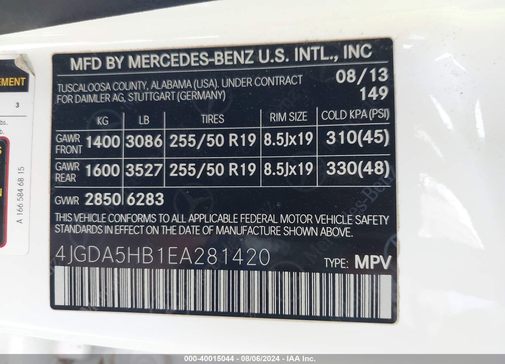 2014 MERCEDES-BENZ ML 350 4MATIC VIN: 4JGDA5HB1EA281420