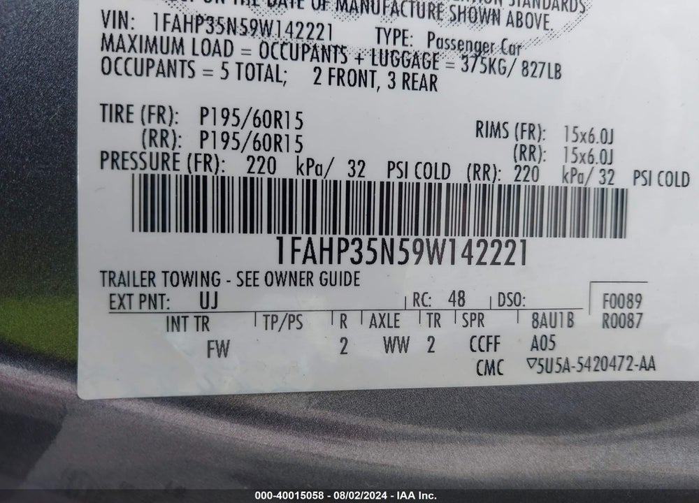 2009 FORD FOCUS SE VIN: 1FAHP35N59W142221