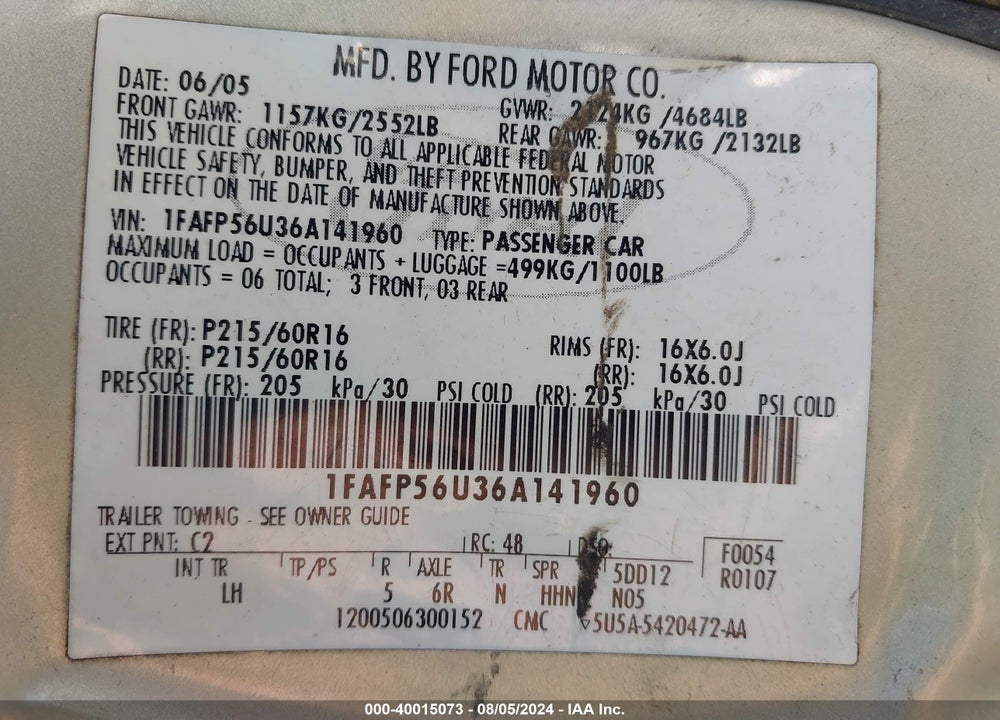 2006 FORD TAURUS SEL VIN: 1FAFP56U36A141960