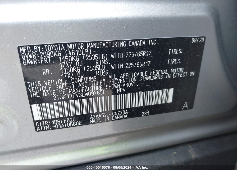2020 TOYOTA RAV4 LE VIN: 2T3K1RFV3LW097658