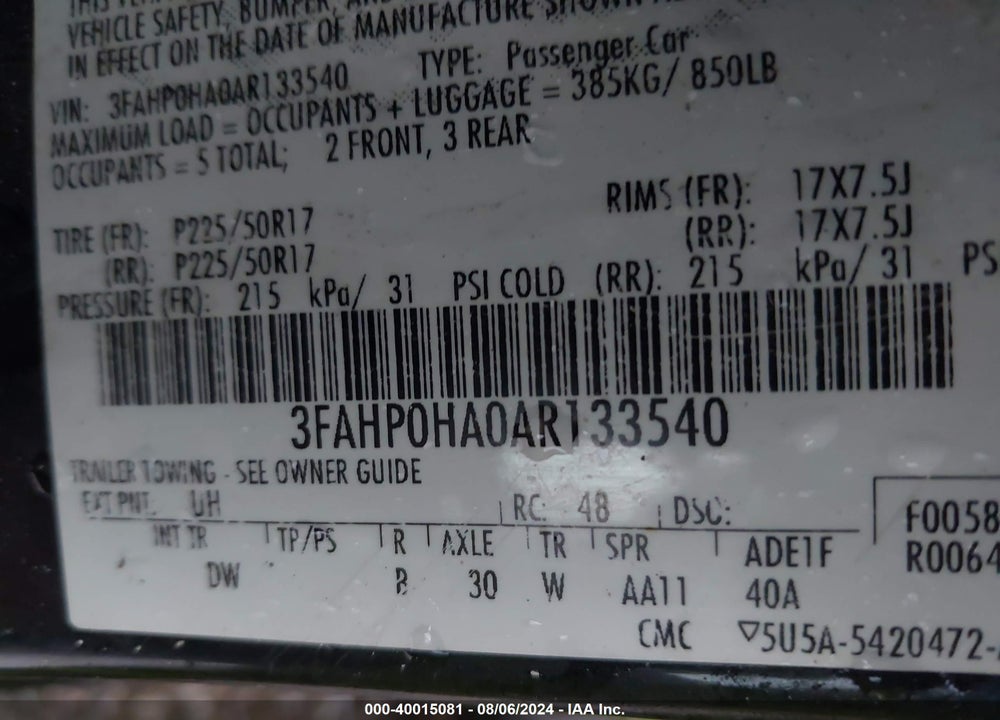 2010 FORD FUSION SE VIN: 3FAHP0HA0AR133540