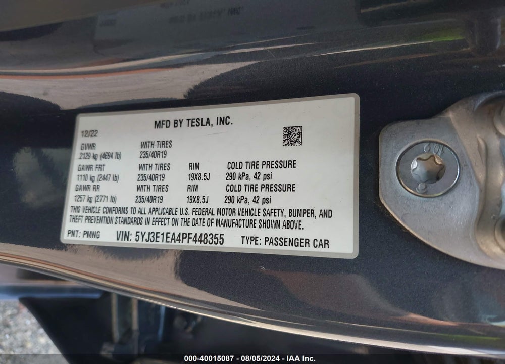 2023 TESLA MODEL 3 REAR-WHEEL DRIVE VIN: 5YJ3E1EA4PF448355