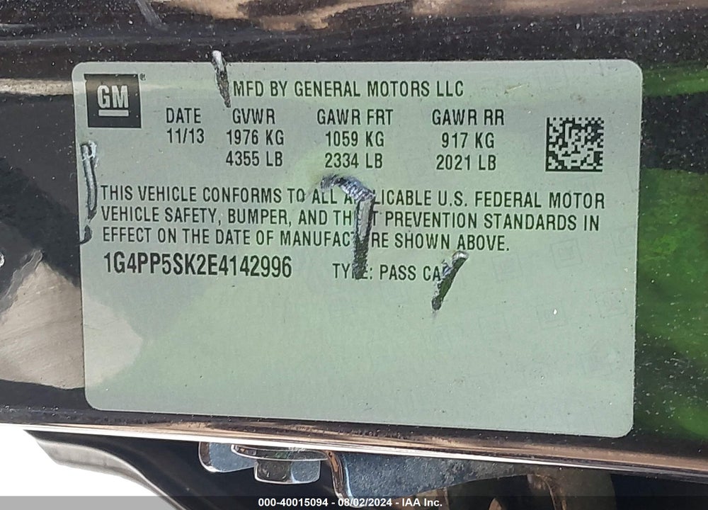 2014 BUICK VERANO VIN: 1G4PP5SK2E4142996