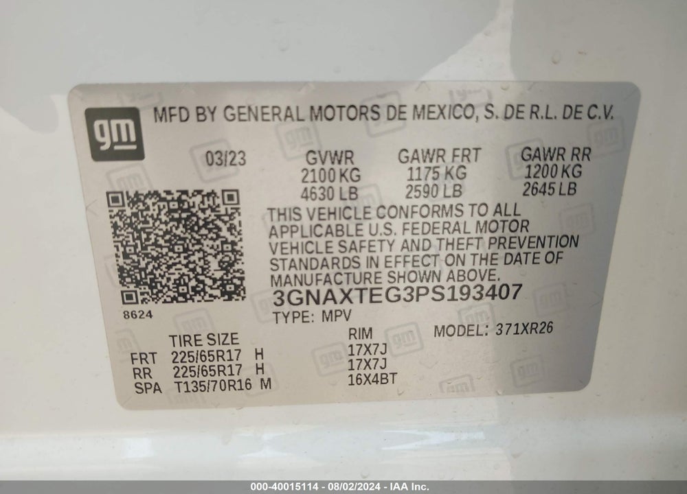 2023 CHEVROLET EQUINOX AWD 2FL VIN: 3GNAXTEG3PS193407