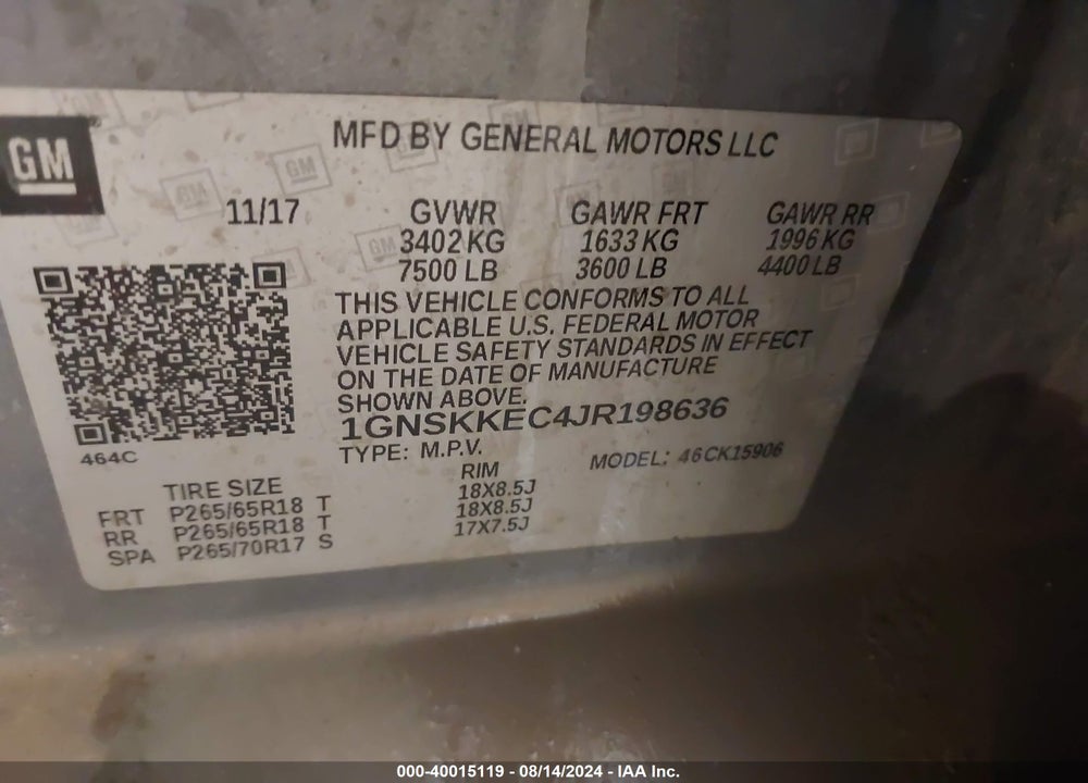 2018 CHEVROLET SUBURBAN COMMERCIAL FLEET VIN: 1GNSKKEC4JR198636