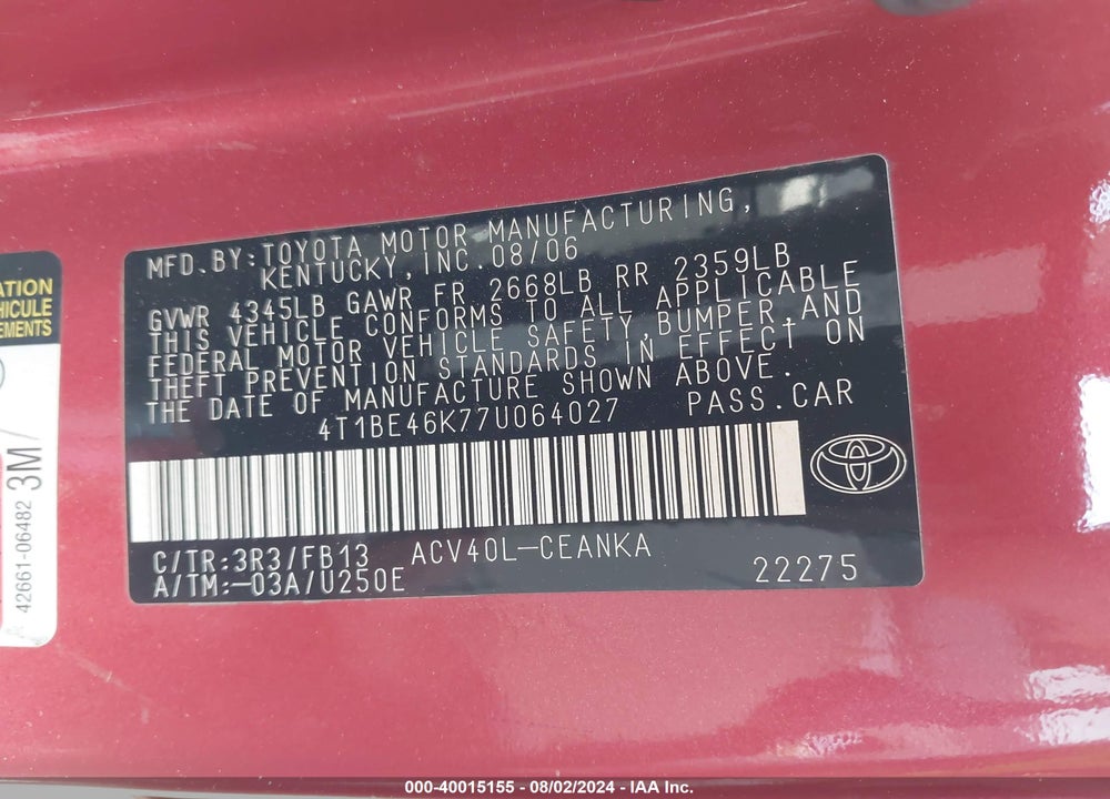 2007 TOYOTA CAMRY LE VIN: 4T1BE46K77U064027