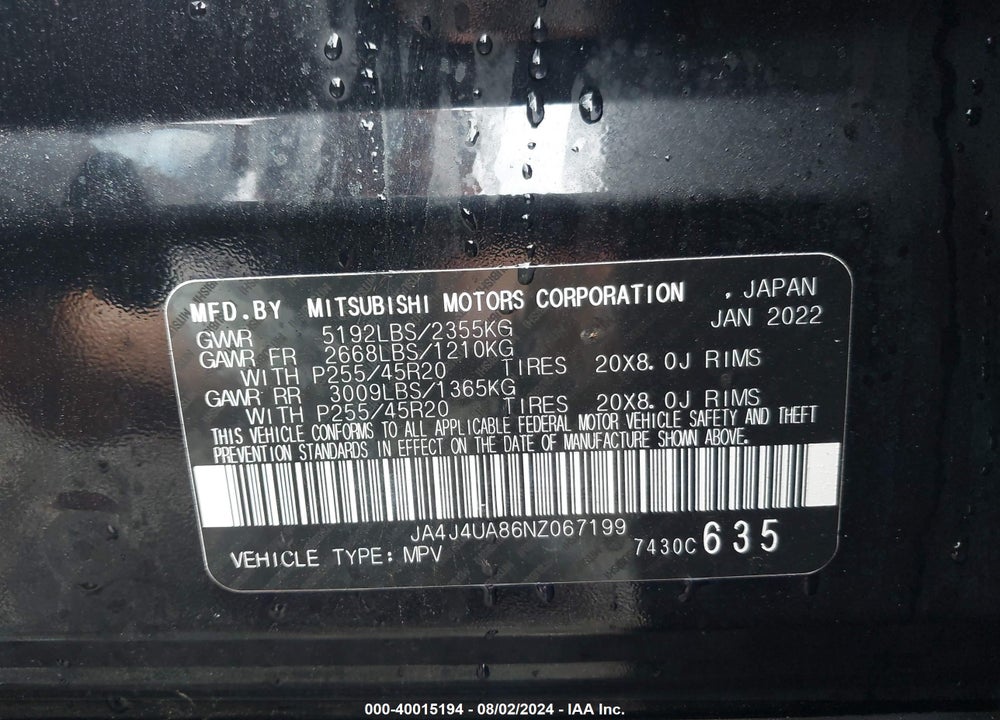 2022 MITSUBISHI OUTLANDER SE 2.5 S-AWC VIN: JA4J4UA86NZ067199