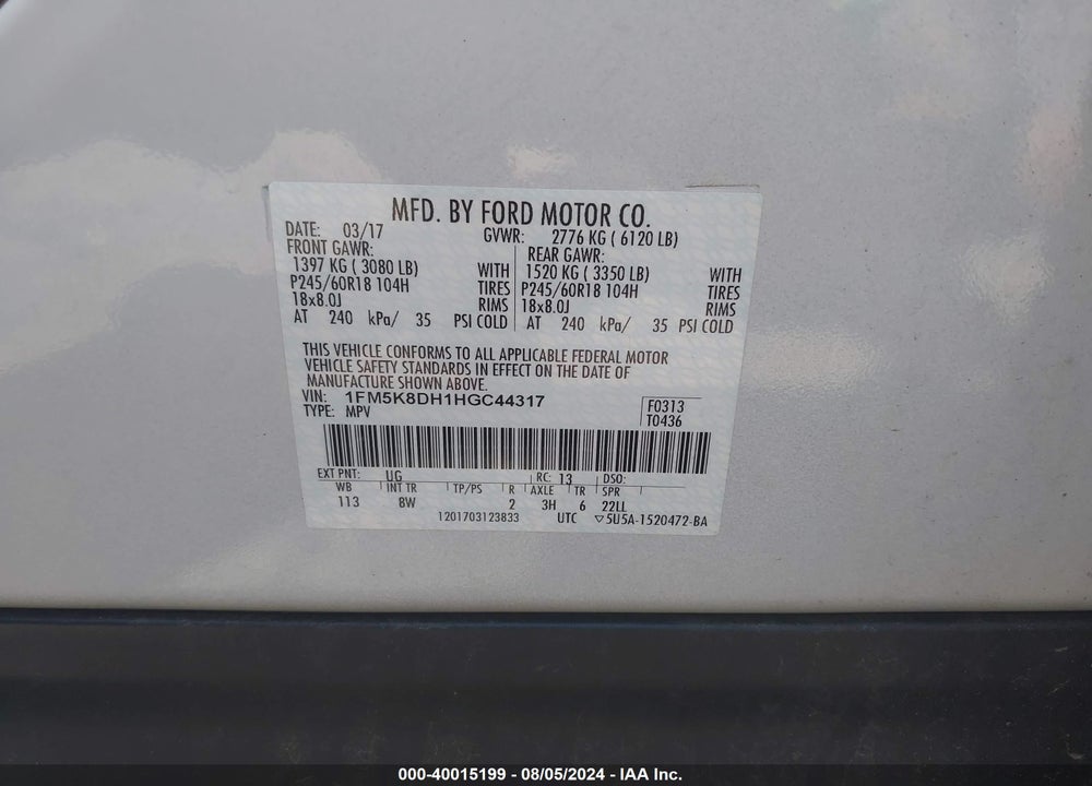 2017 FORD EXPLORER XLT VIN: 1FM5K8DH1HGC44317
