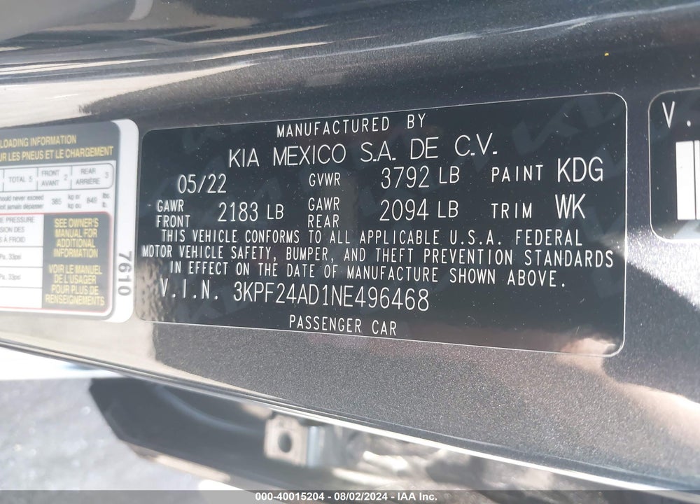 2022 KIA FORTE LXS VIN: 3KPF24AD1NE496468