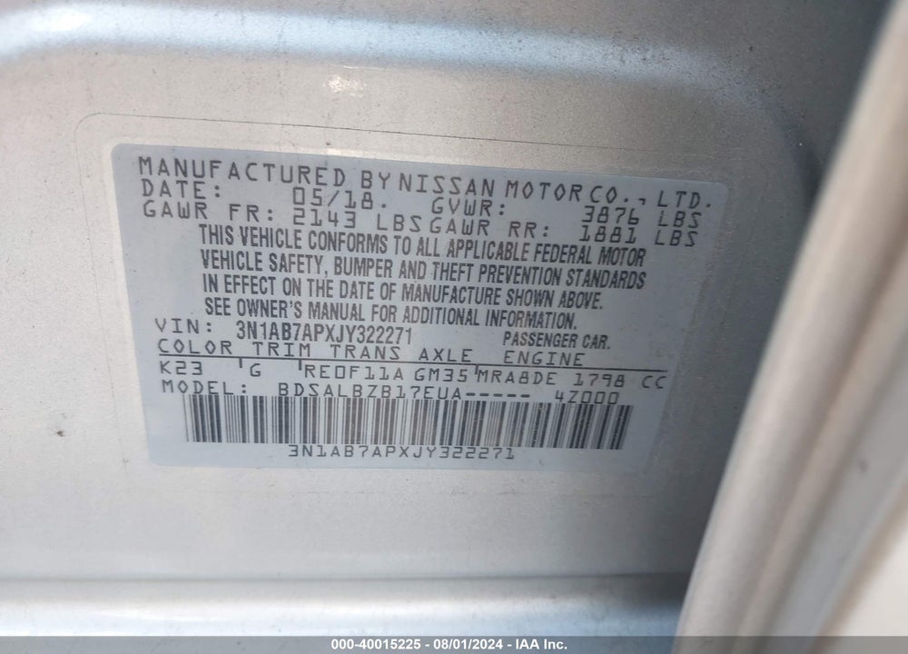 2018 NISSAN SENTRA S VIN: 3N1AB7APXJY322271