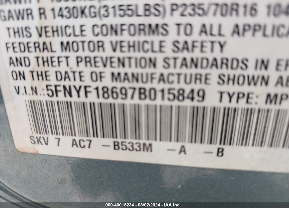2007 HONDA PILOT EX-L VIN: 5FNYF18697B015849