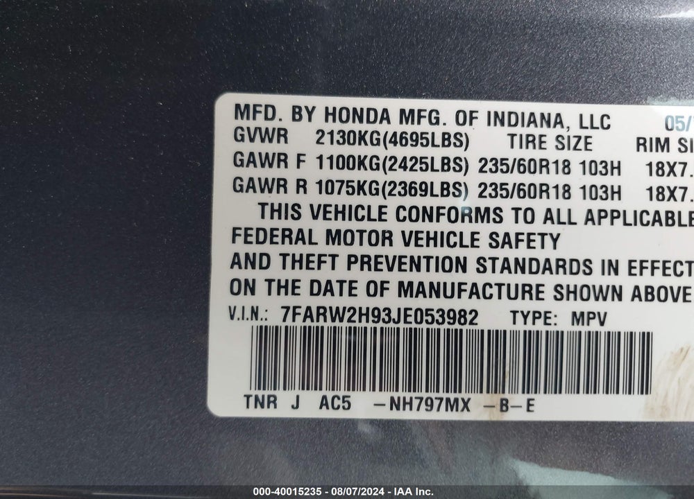 2018 HONDA CR-V TOURING VIN: 7FARW2H93JE053982