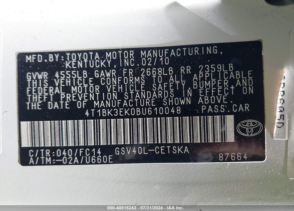 2011 TOYOTA CAMRY SE V6 VIN: 4T1BK3EK0BU610048