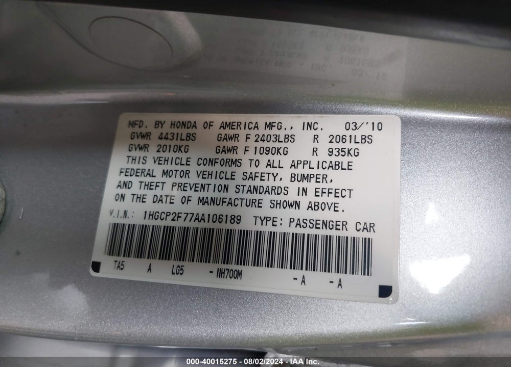 2010 HONDA ACCORD 2.4 EX VIN: 1HGCP2F77AA106189