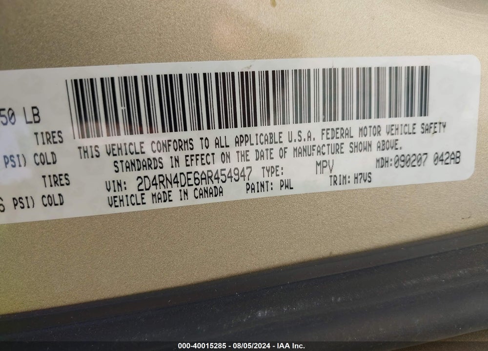 2010 DODGE GRAND CARAVAN SE VIN: 2D4RN4DE6AR454947