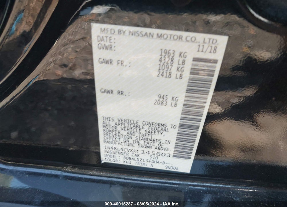2019 NISSAN ALTIMA 2.5 SR VIN: 1N4BL4CVXKC145603