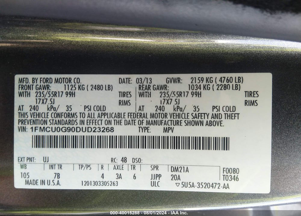 2013 FORD ESCAPE SE VIN: 1FMCU0G90DUD23268