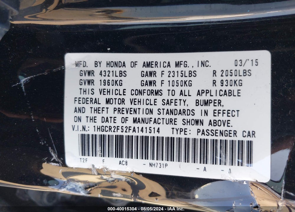 2015 HONDA ACCORD SPORT VIN: 1HGCR2F52FA141514