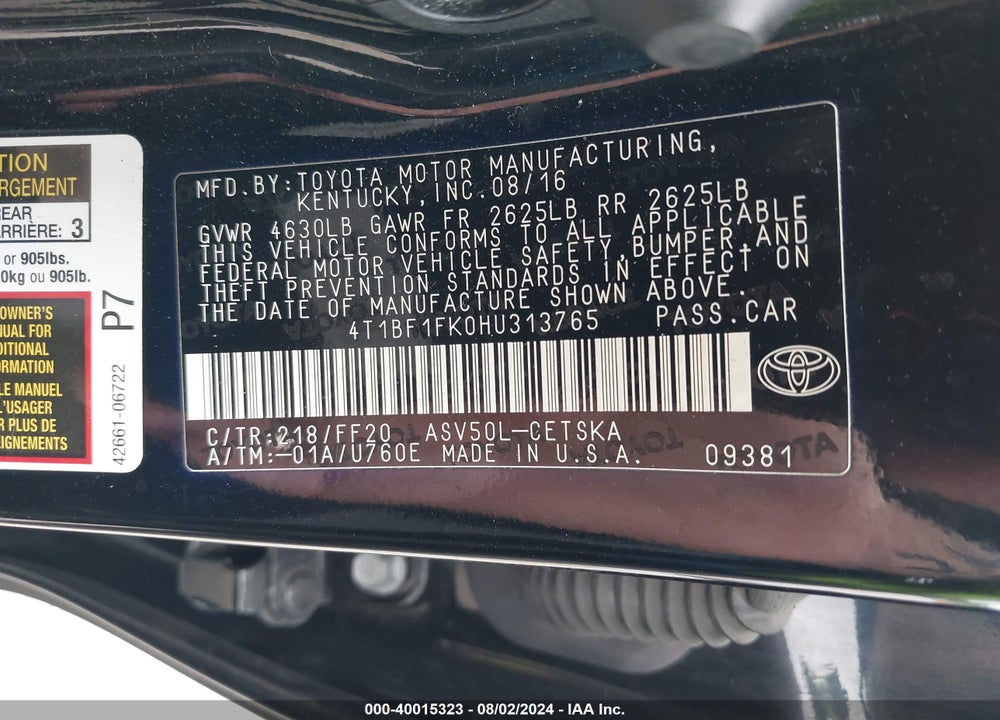 2017 TOYOTA CAMRY SE VIN: 4T1BF1FK0HU313765