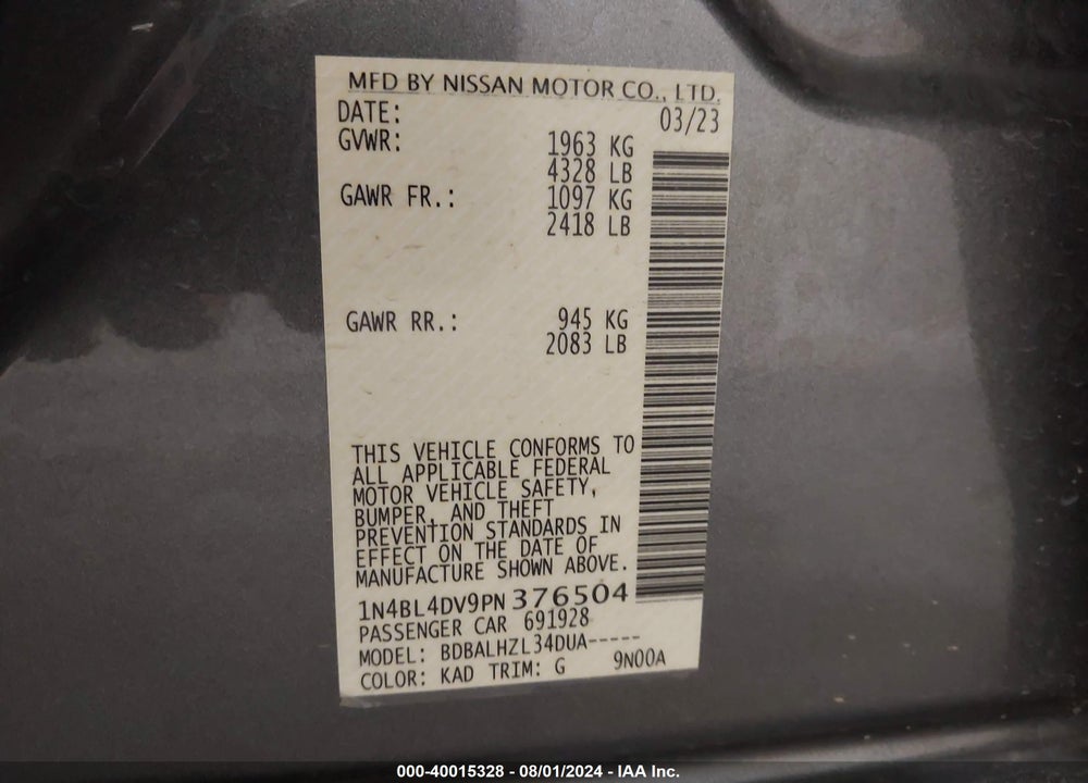2023 NISSAN ALTIMA SV FWD VIN: 1N4BL4DV9PN376504