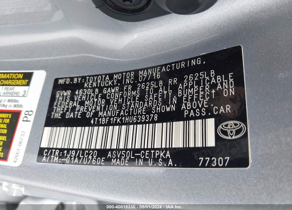 2017 TOYOTA CAMRY XSE VIN: 4T1BF1FK1HU639378