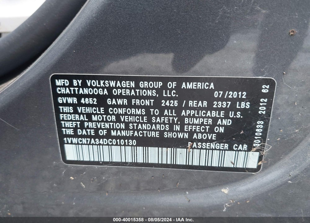 2013 VOLKSWAGEN PASSAT 2.0L TDI SEL PREMIUM VIN: 1VWCN7A34DC010130