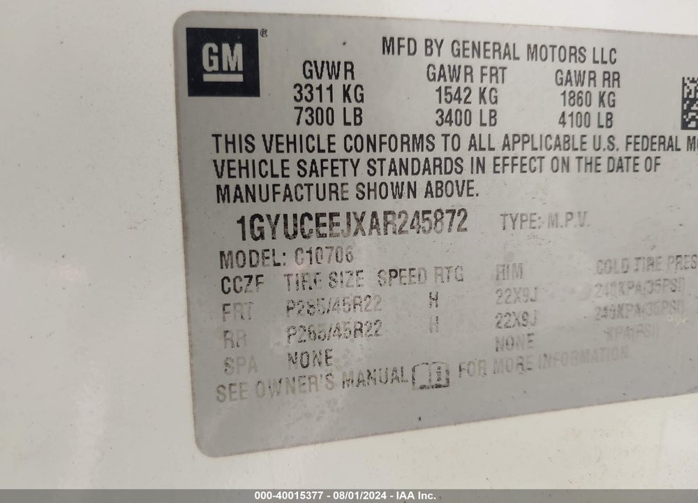2010 CADILLAC ESCALADE HYBRID STANDARD VIN: 1GYUCEEJXAR245872