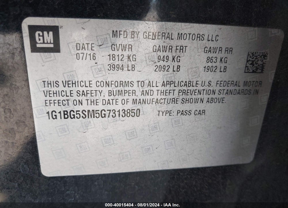 2016 CHEVROLET CRUZE PREMIER AUTO VIN: 1G1BG5SM5G7313850
