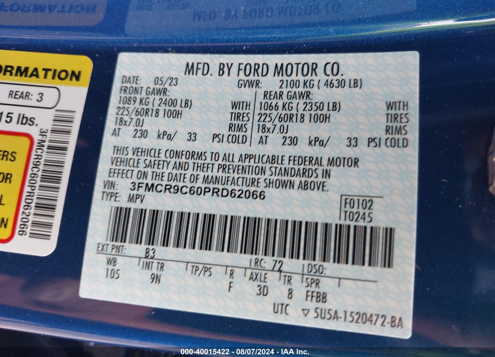 2023 FORD BRONCO SPORT OUTER BANKS VIN: 3FMCR9C60PRD62066