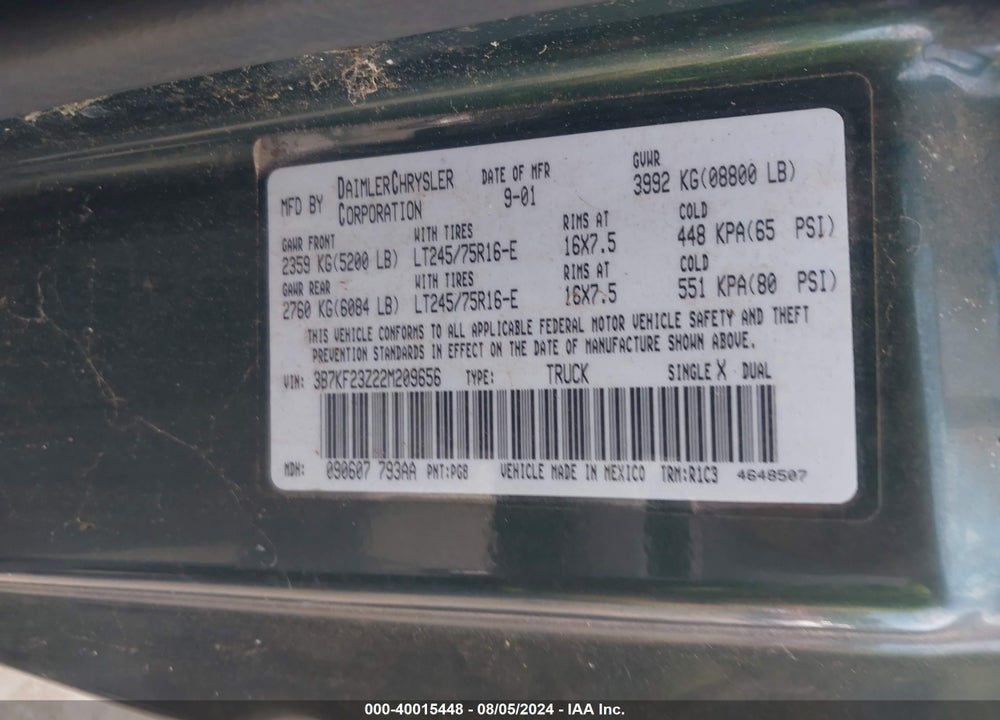 2002 DODGE RAM 2500 ST VIN: 3B7KF23Z22M209656