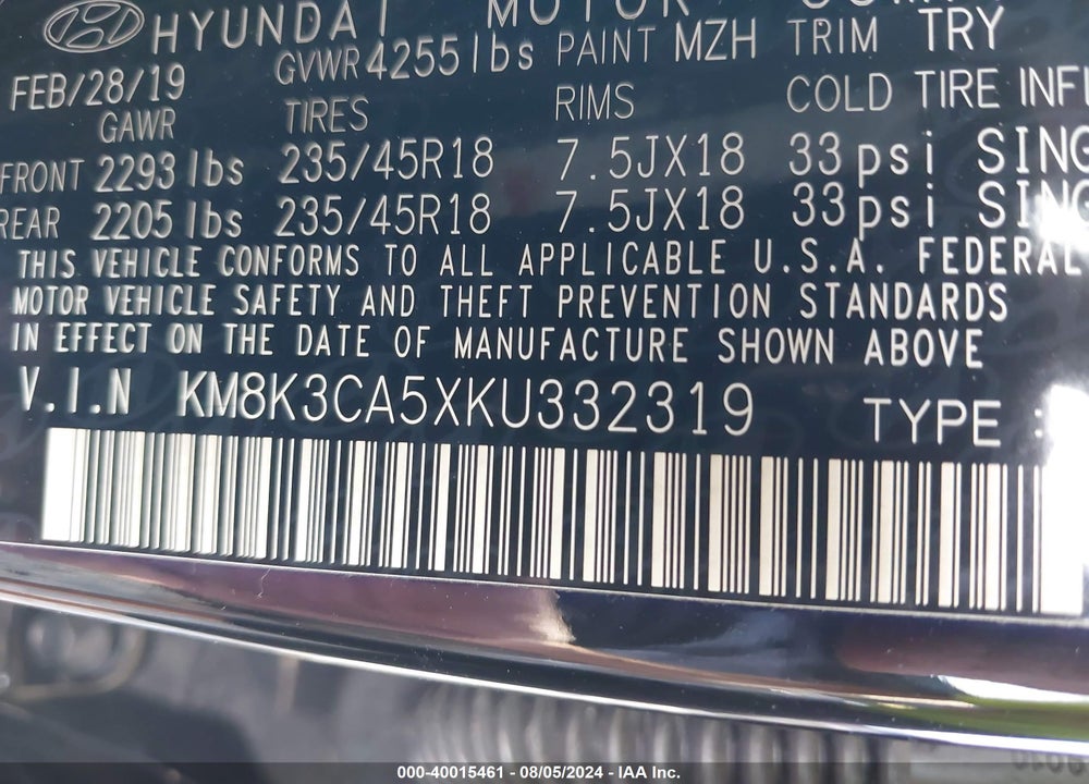 2019 HYUNDAI KONA LIMITED VIN: KM8K3CA5XKU332319