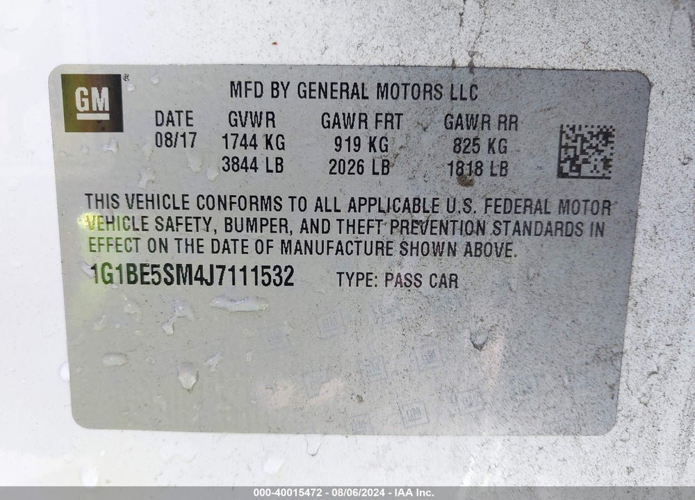 2018 CHEVROLET CRUZE LT AUTO VIN: 1G1BE5SM4J7111532