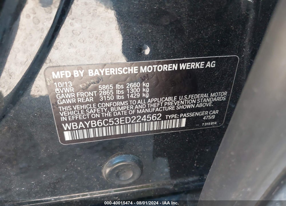 2014 BMW 750I XDRIVE VIN: WBAYB6C53ED224562