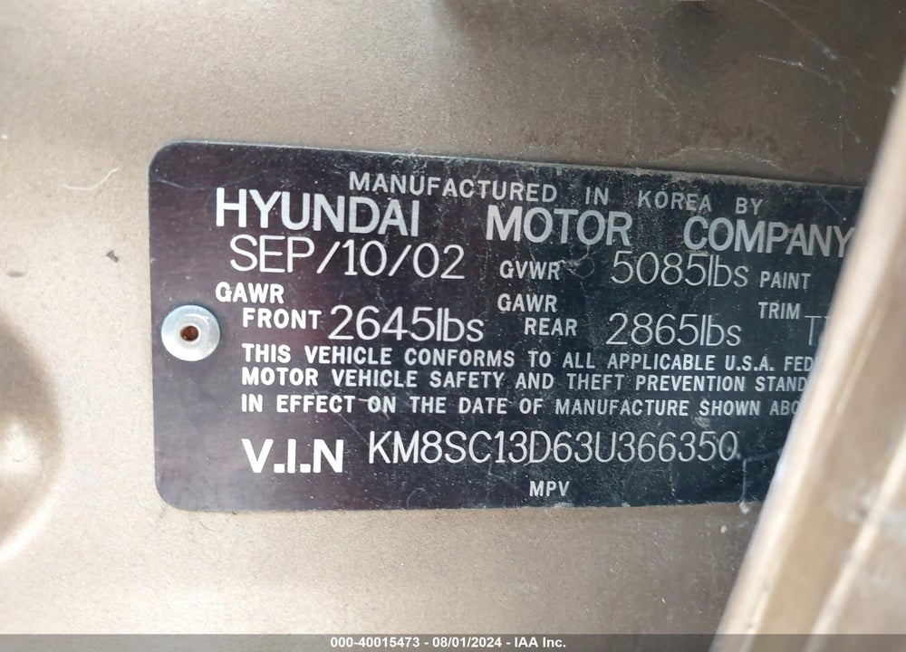 2003 HYUNDAI SANTA FE GLS/LX VIN: KM8SC13D63U366350