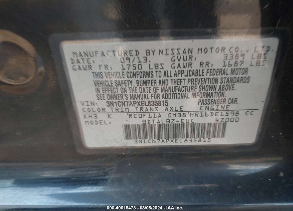 2014 NISSAN VERSA 1.6 SV VIN: 3N1CN7APXEL835815