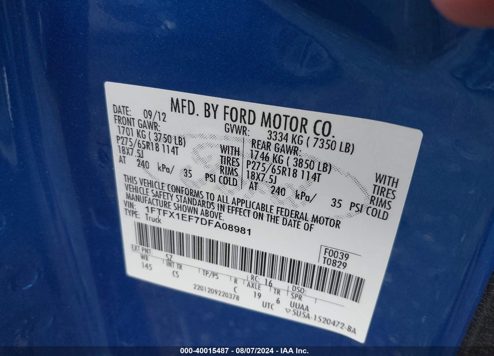 2013 FORD F-150 STX VIN: 1FTFX1EF7DFA08981